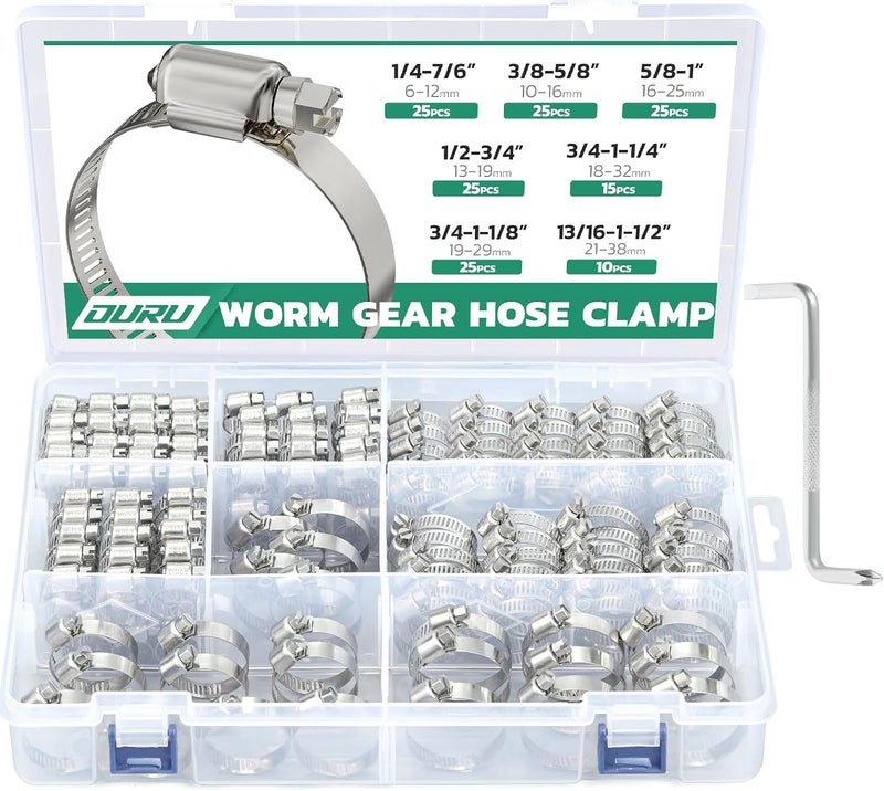 ORU 150PCS Hose Clamps Stainless Steel Assortment Adjustable 1/4"-1-1/2"(6-38mm) Worm Gear Hose Clamp, Heavy Duty Metal Small Hose Clamps for Automotive, Pipe, Radiator Plumbing, Fuel Line - Image 1